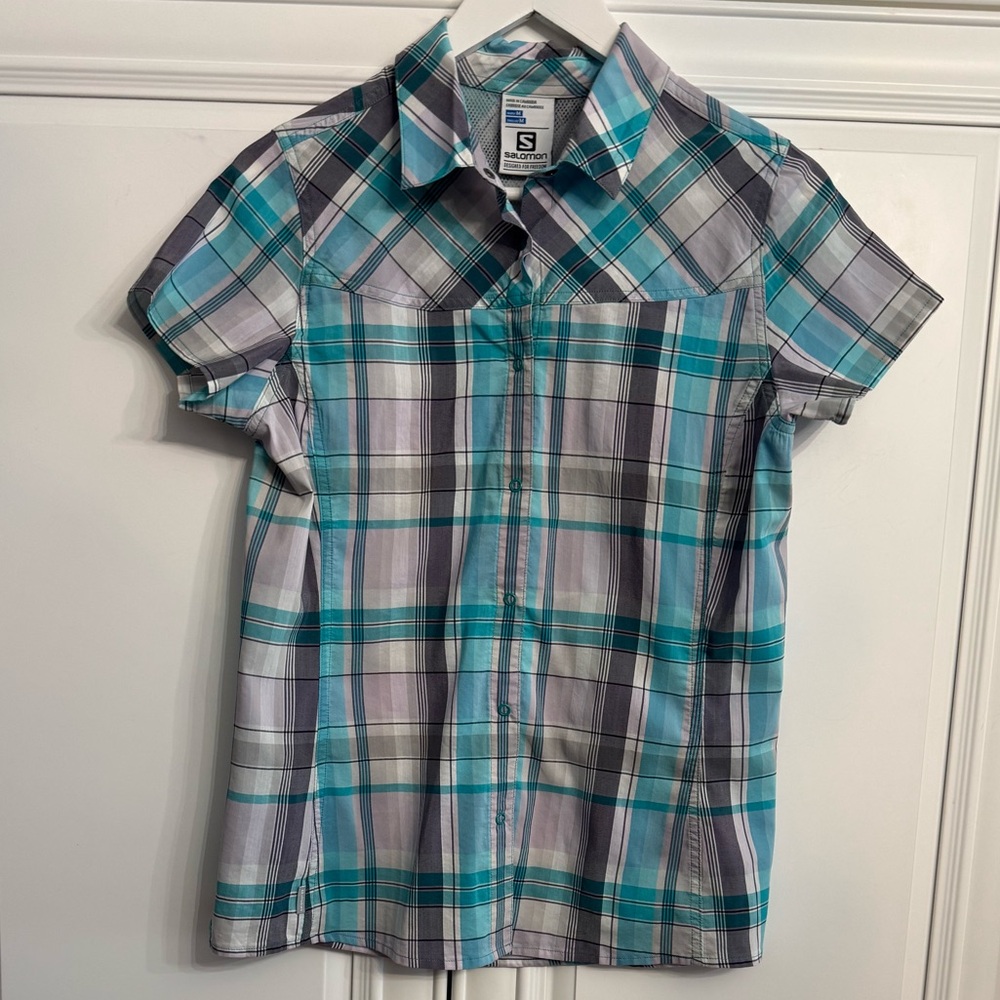 Saloman Women's Sz Medium Advanced Skin Active Dry Short Sleeve Blue Plaid Shirt